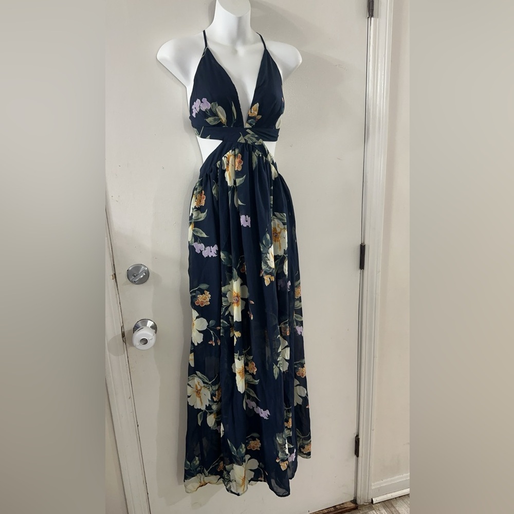 Bla'she Women's Deep V Backless Chiffon Spaghetti Straps Slip Maxi Dress Size S